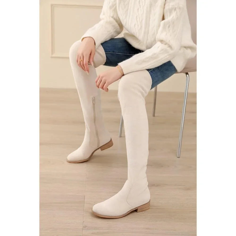 Women's Beige Over The Knee Boots Thigh High Low Block Heel Pointed Toe Boots
